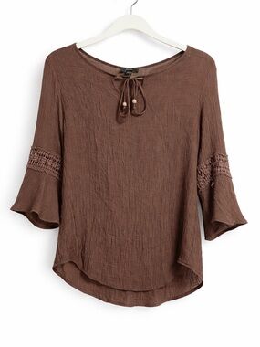 AGB Brown Tie-Neck Peasant Top with Crochet Trim- Boho Blouse- Large